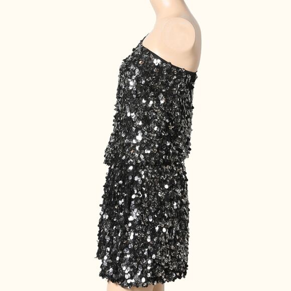 TIBI Black One Shoulder Silk Sequin Mini Dress - Picture 4 of 12
